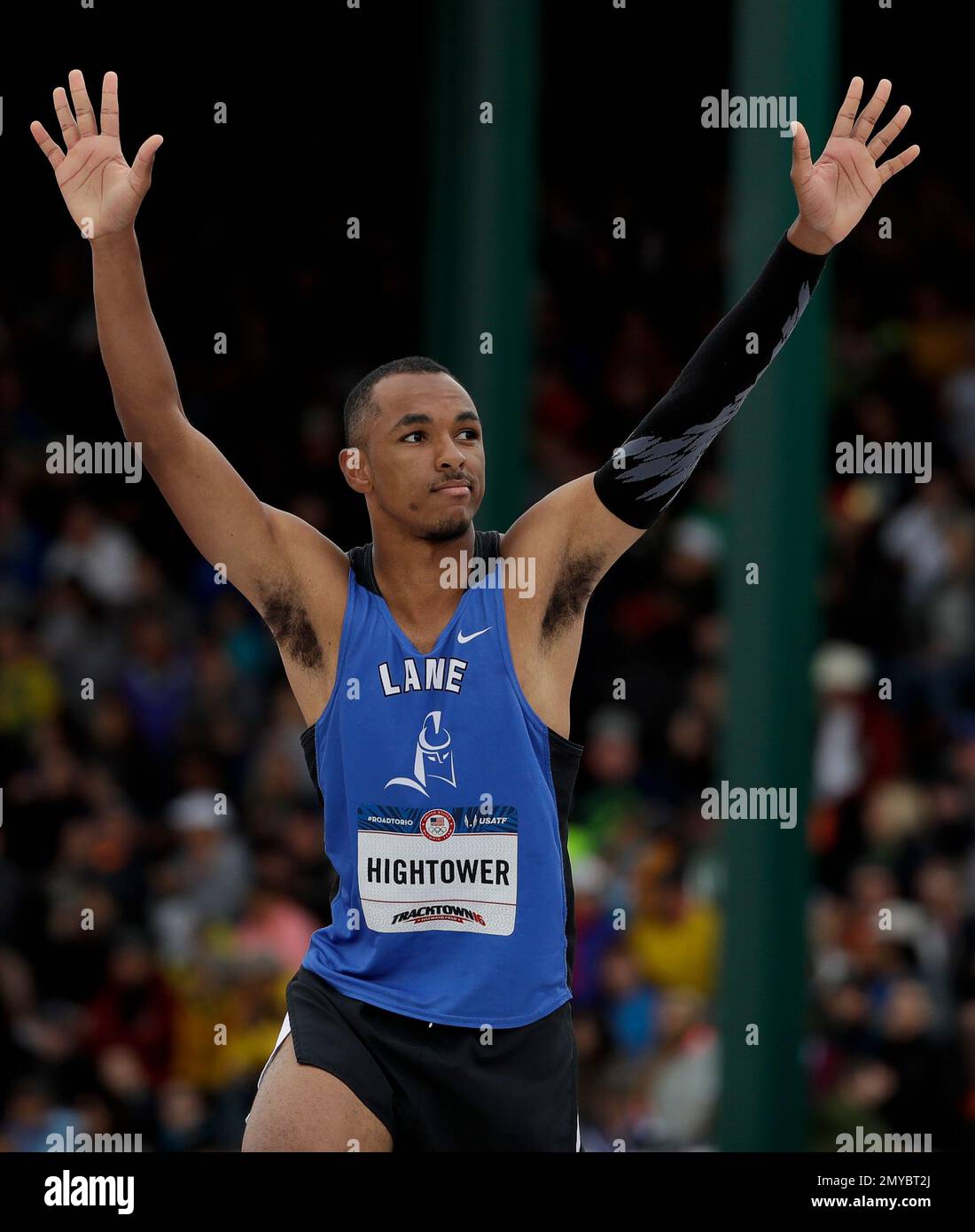 Dakarai Hightower reacts during the men's high jump final at the U.S ...
