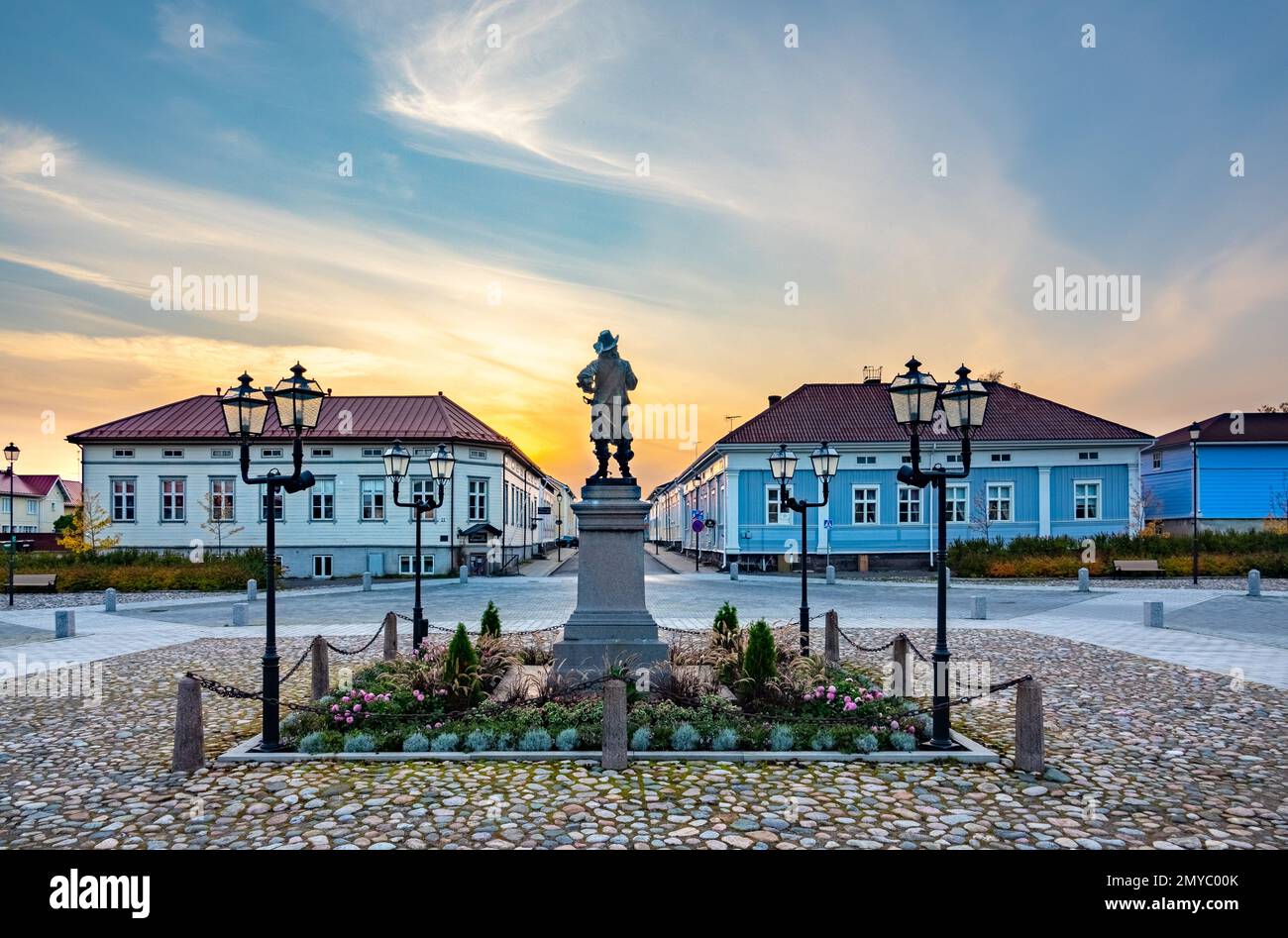 The main square of Raahe old town and statue of Pietari Brahe (built in 1888) at summer time in Finland Stock Photo
