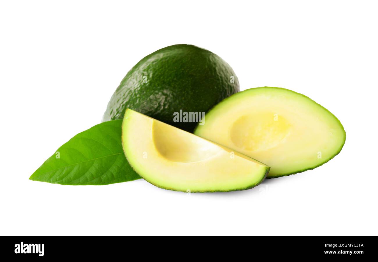 Whole and cut avocados isolated on white Stock Photo - Alamy
