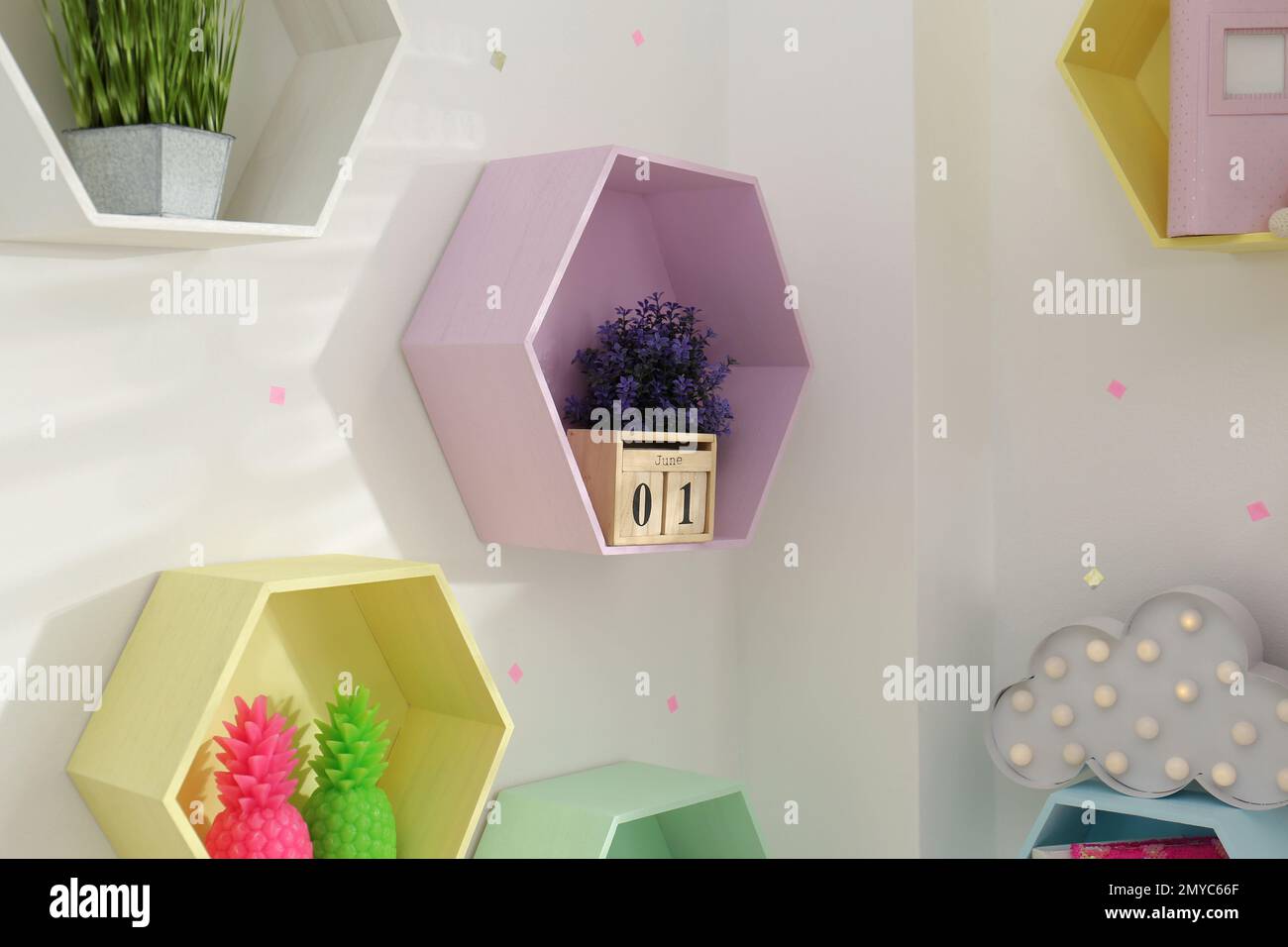 Hexagon shaped shelves on white wall. Interior design Stock Photo Alamy