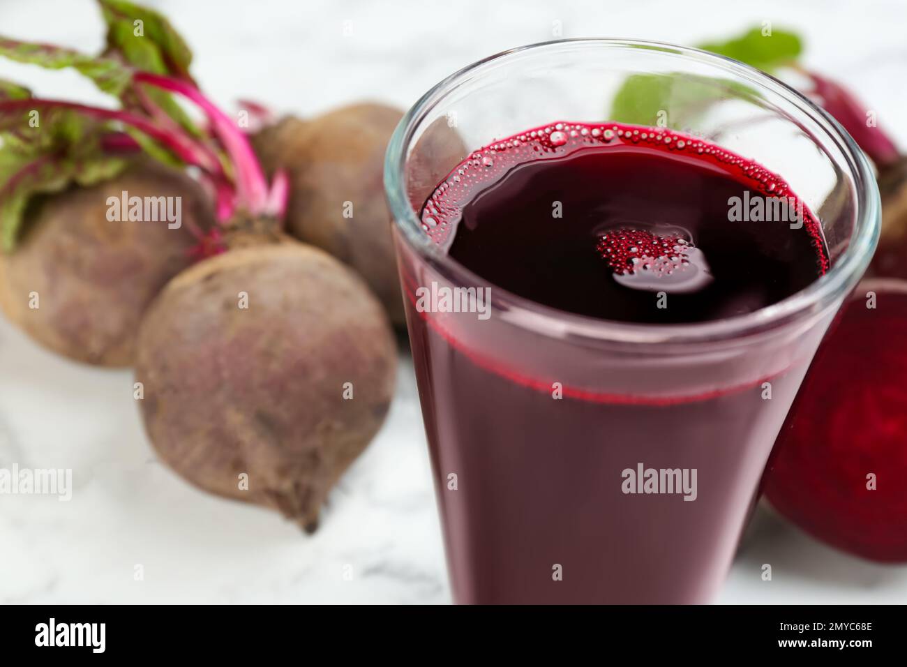 Freshly made beet juice on table, closeup Stock Photo