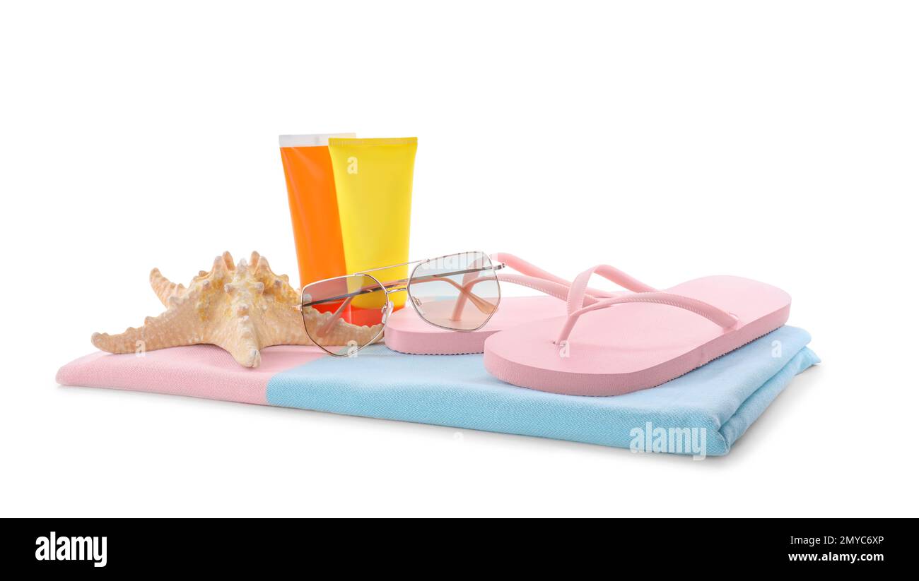Composition with beach objects on white background Stock Photo - Alamy