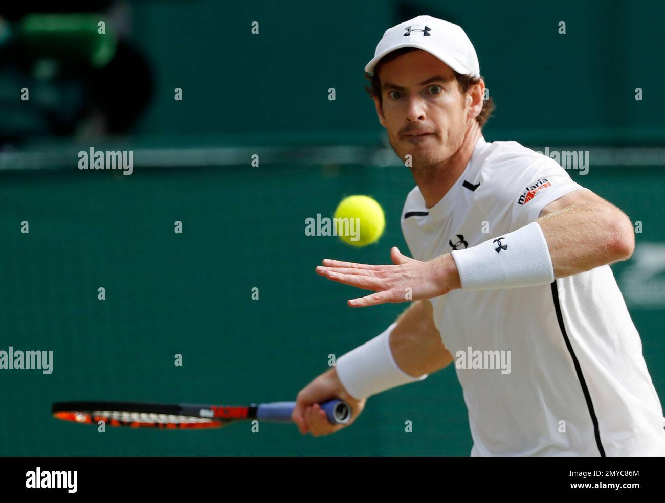 Andy Murray of Britain returns to Tomas Berdych of the Czech Republic during their men's semifinal singles match on day twelve of the Wimbledon Tennis Championships in London, Friday, July 8, 2016. (AP Photo/Ben Curtis) Stock Photo
