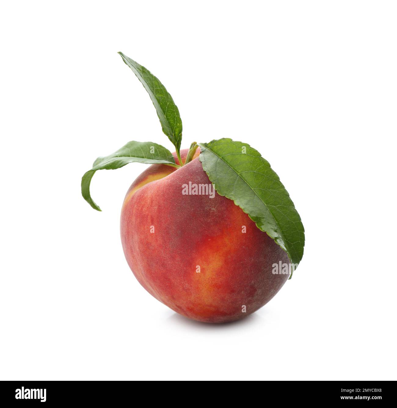 Delicious ripe juicy peach with leaves isolated on white Stock Photo ...