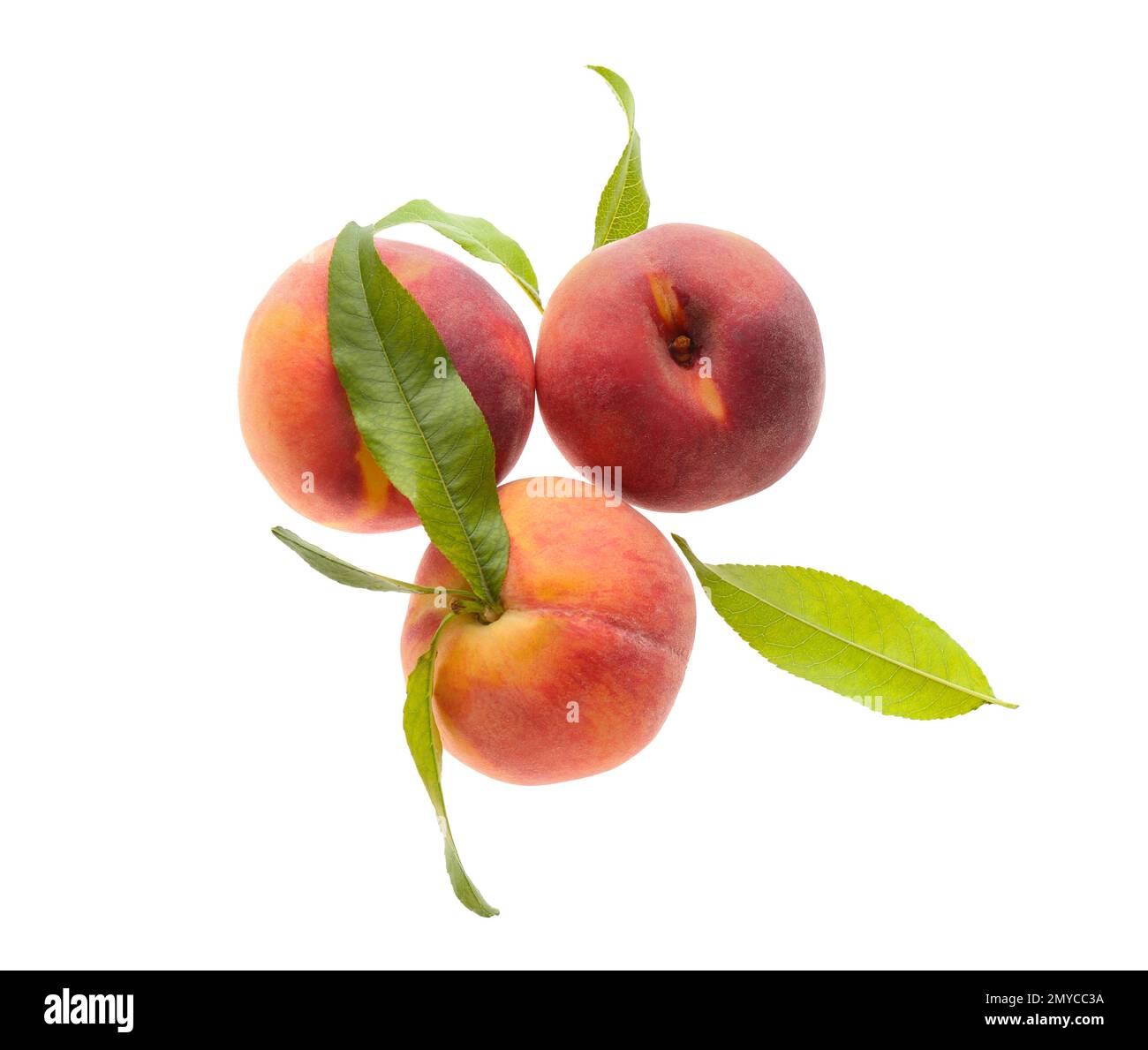 Delicious ripe juicy peaches with leaves isolated on white, top view ...