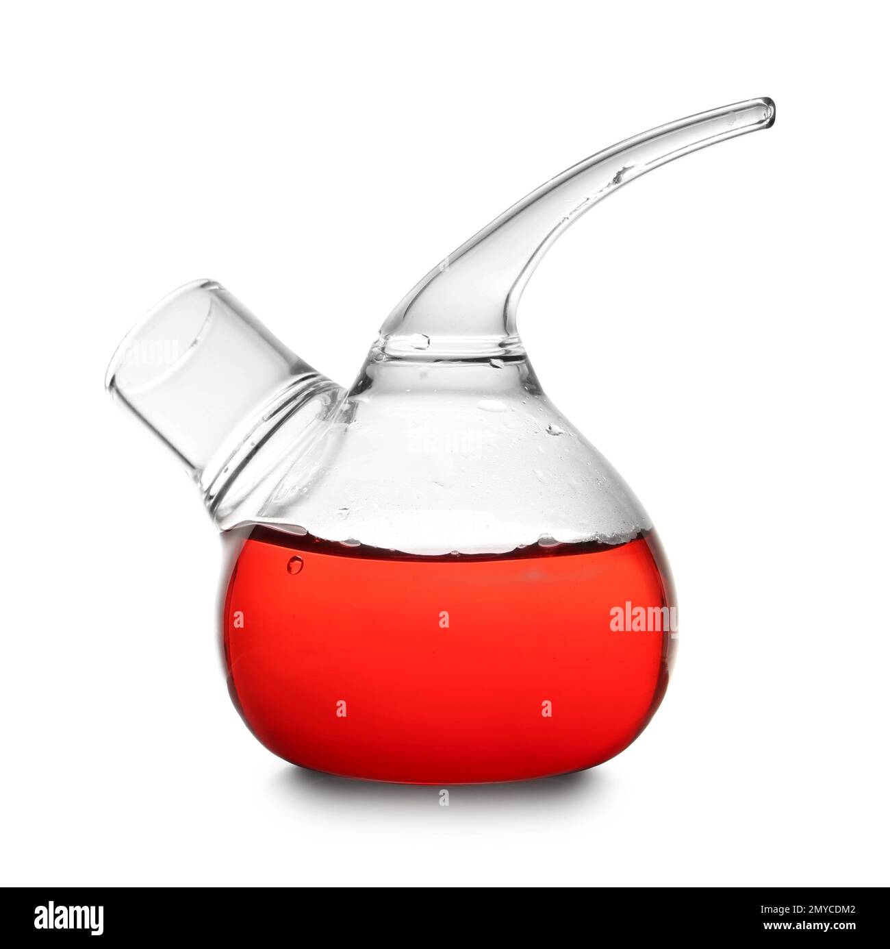 Glass retort flask with red liquid sample isolated on white. Laboratory analysis Stock Photo Alamy