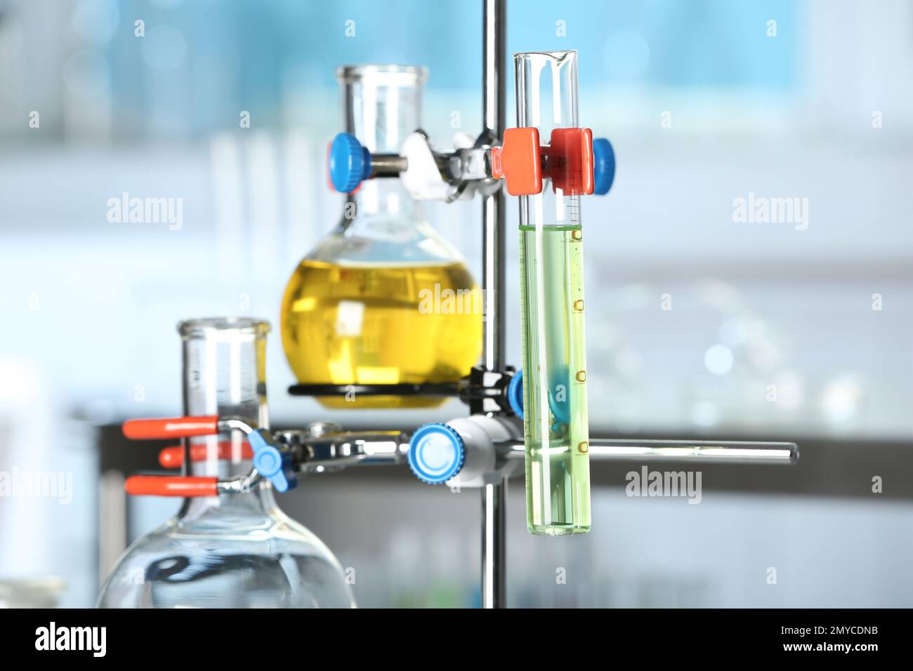 Laboratory clamp stand with glassware, closeup view Stock Photo Alamy