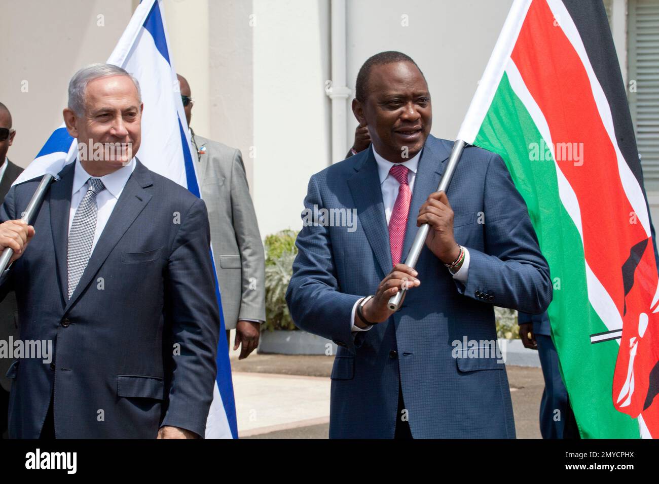 Israeli Prime Minister Benjamin Netanyahu, left, and Kenyan President