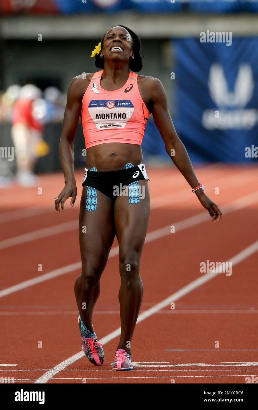 Alysia Montano reacts after falling during the women's 800meter final