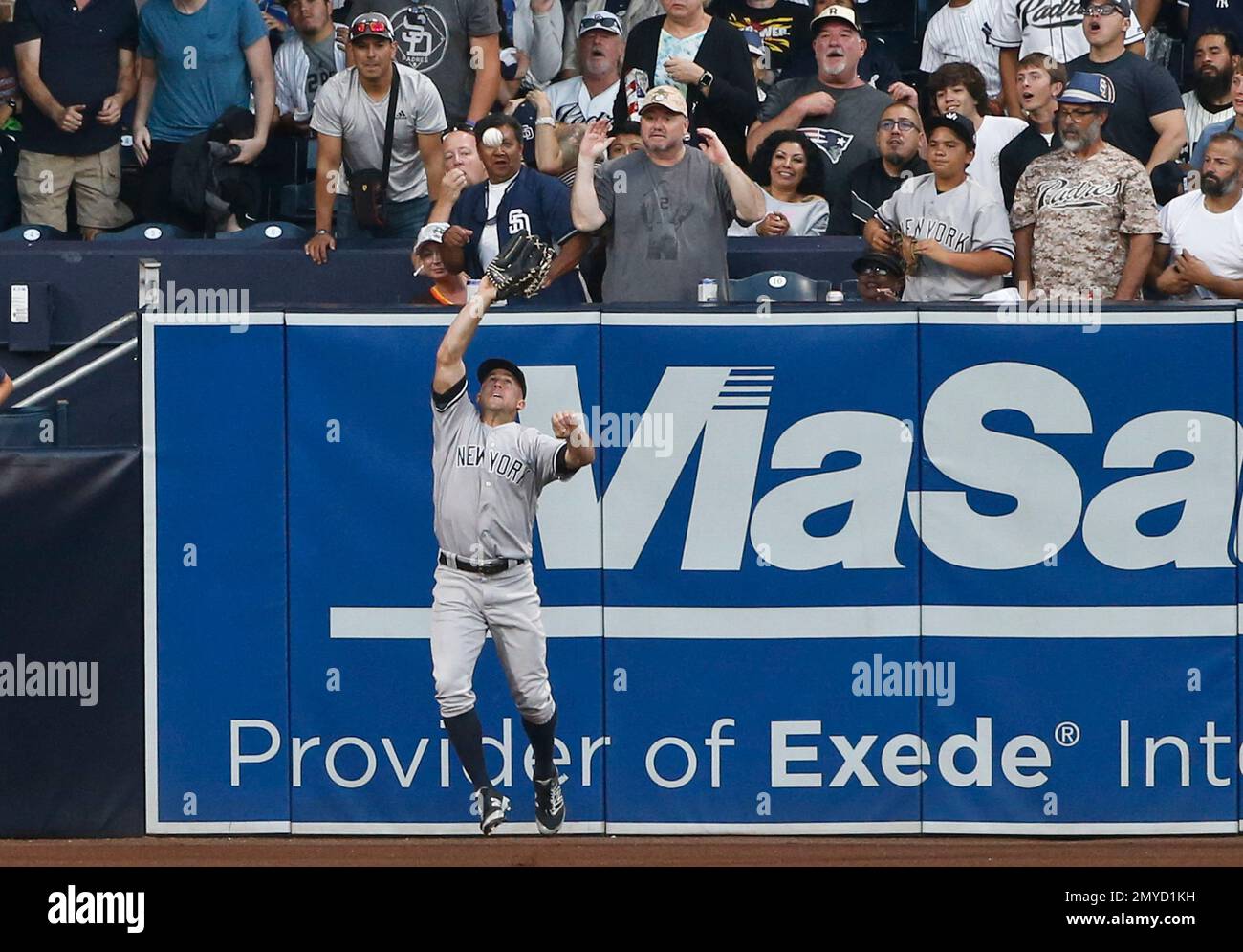 New York Yankees left fielder Brett Gardner makes the catch on a ball hit by San Diego Padres' Yangervis Solarte during the second inning of a baseball game Saturday, July 2, 2016, in San Diego. (AP Photo/Lenny Ignelzi) Stock Photo