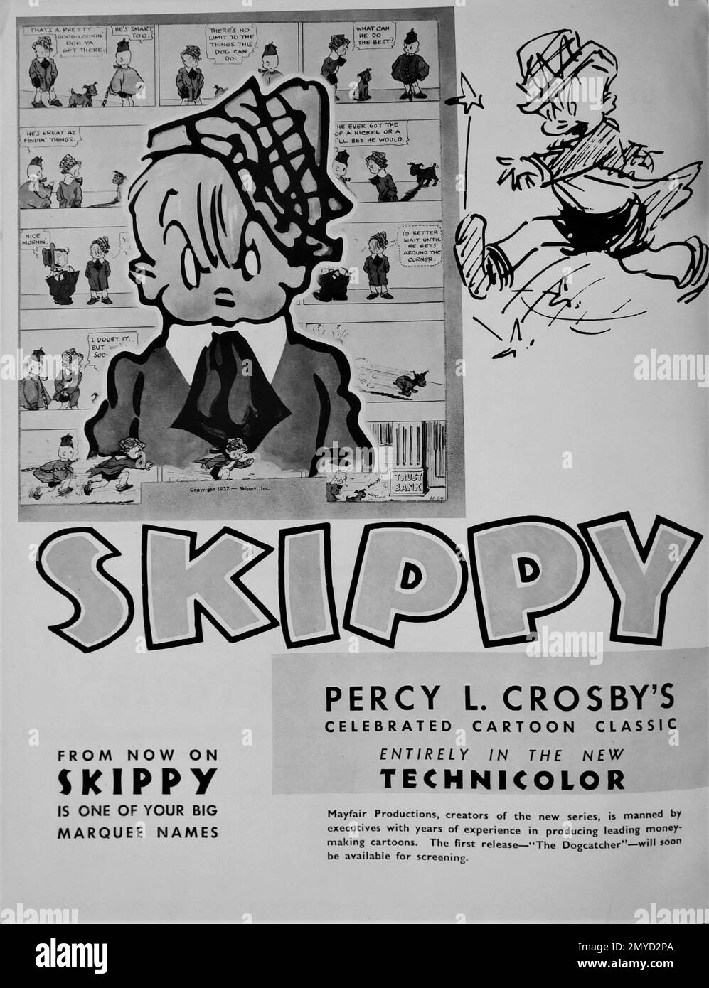 Promotional Artwork for a probably unrealised series of Technicolor Cartoon Shorts featuring SKIPPY character and comic strip by PERCY L. CROSBY cartoons created by MAYFAIR Productions from the United Artists Campaign Year Book for Exhibitors for 1937 - 1938 Stock Photo