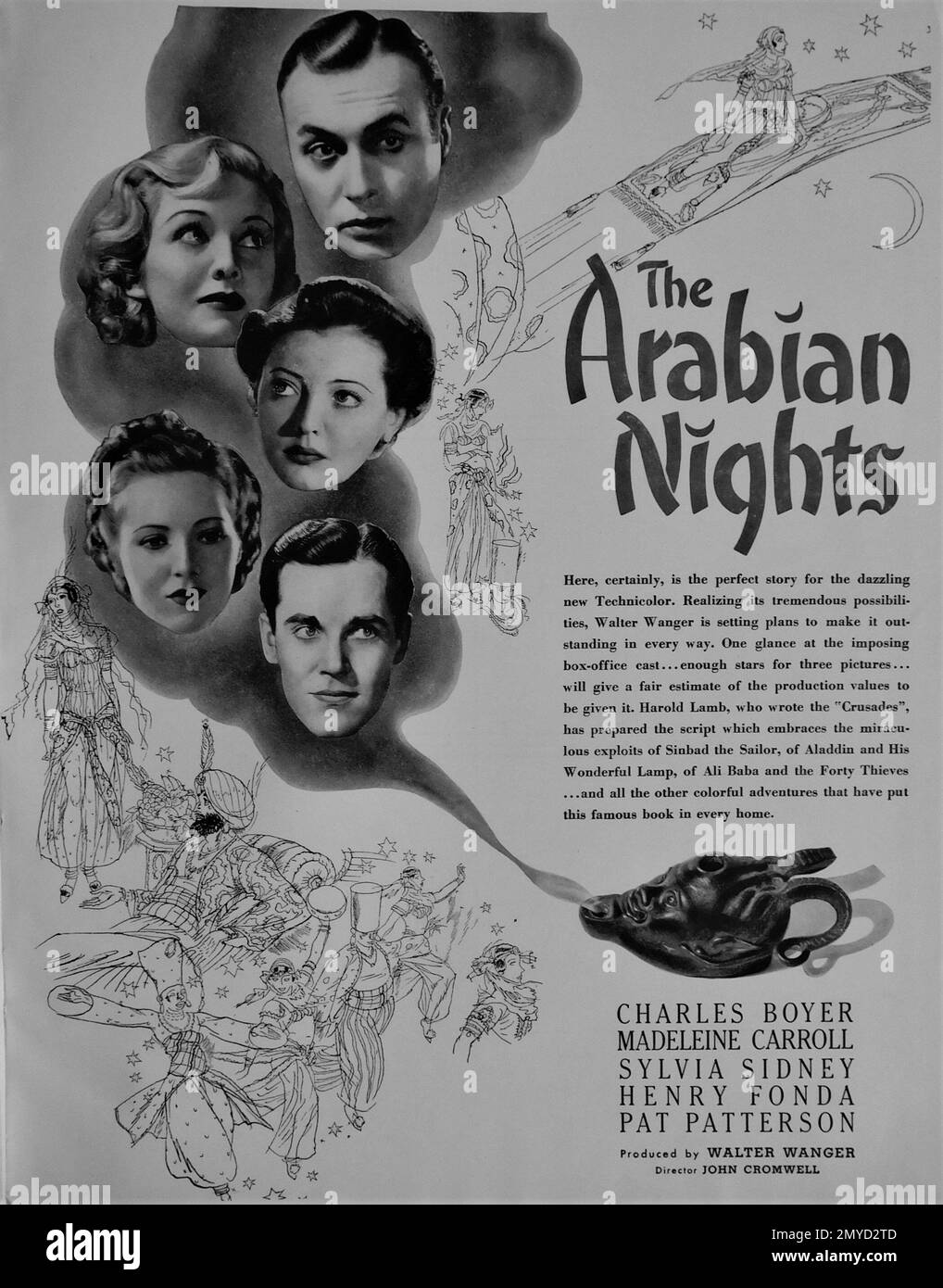 Promotional Artwork for unrealised project CHARLES BOYER MADELEINE CARROLL SYLVIA SIDNEY HENRY FONDA and PAT PATTERSON in THE ARABIAN NIGHTS director JOHN CROMWELL producer WALTER WANGER from the United Artists Campaign Year Book for Exhibitors for 1937 - 1938 Stock Photo