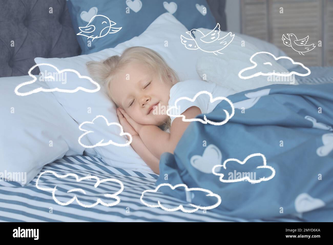 Sweet dreams. Cute little girl sleeping in bed, birds and clouds