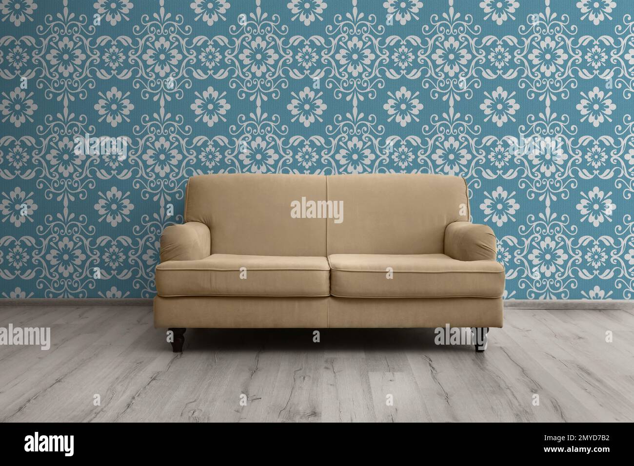 Modern sofa near patterned wallpapers. Interior design Stock Photo Alamy