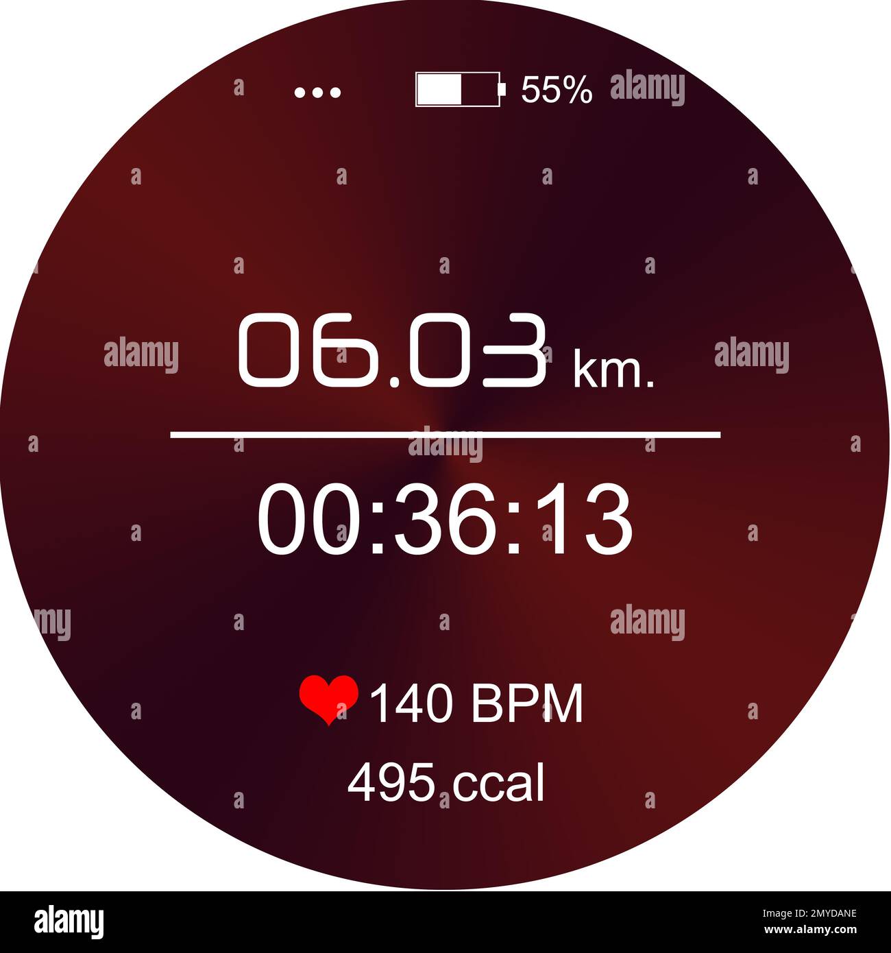 Smart watch displaying time interval, distance, heart rate and burnt
