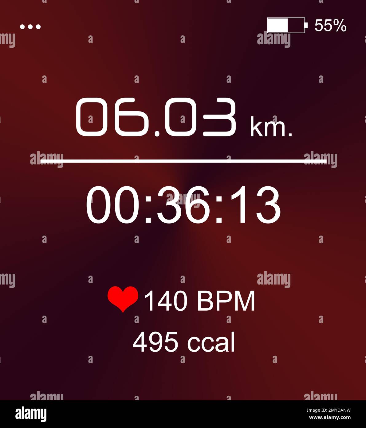 Smart watch displaying time interval, distance, heart rate and burnt