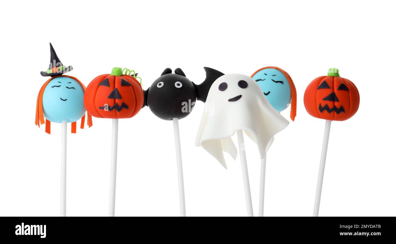 Different Halloween themed cake pops on white background Stock Photo