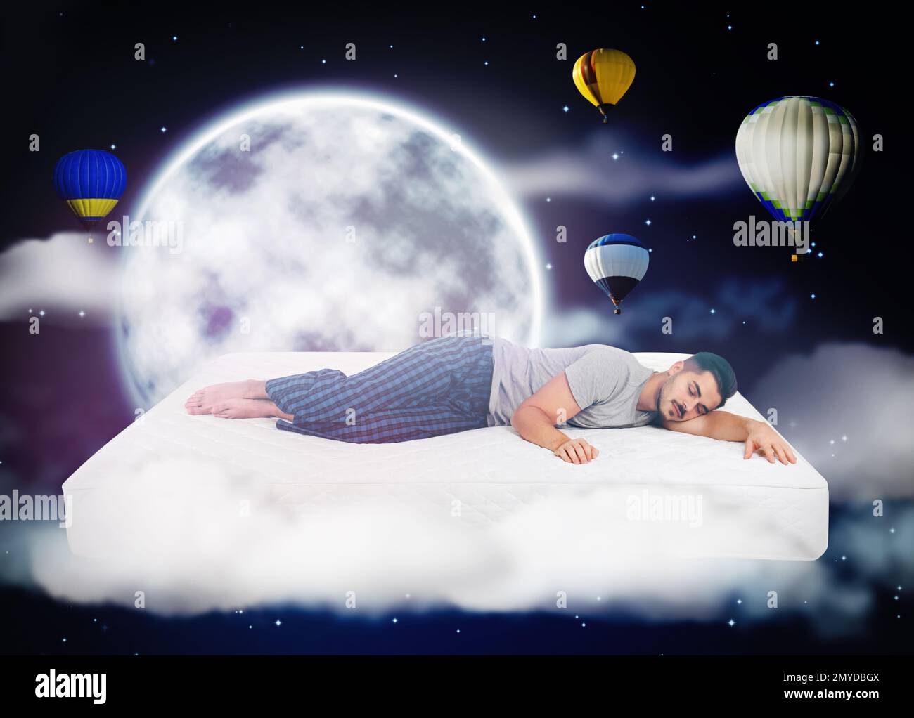 Sweet dreams. Dark cloudy sky with full moon and hot air balloons ...