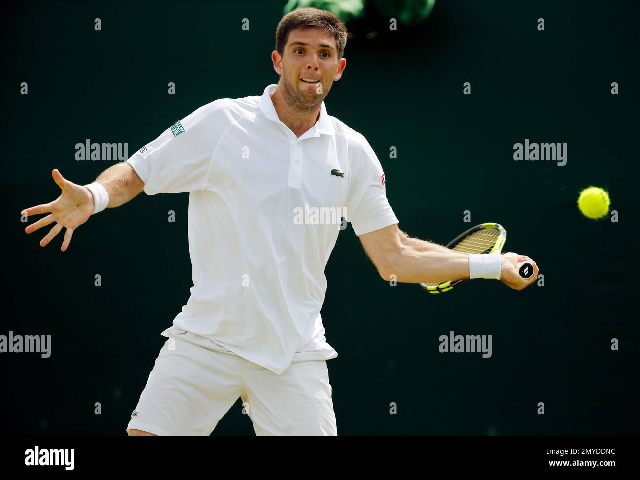 Federico Delbonis of Argentina returns to Fabio Fognini of Italy during  their men's singles match on day four of the Wimbledon Tennis Championships  in London, Thursday, June 30, 2016. (AP Photo/Alastair Grant