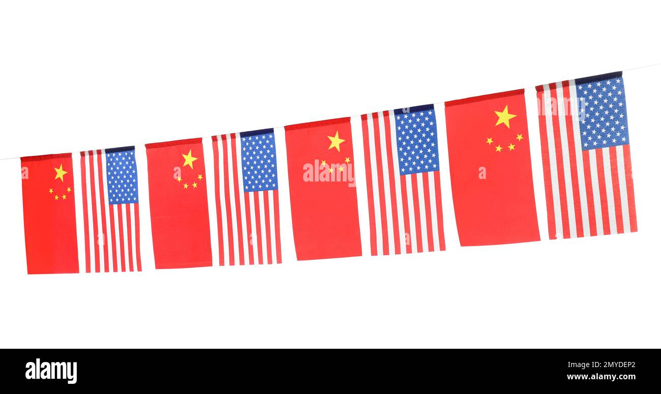 Garland with USA and China flags on white background. International
