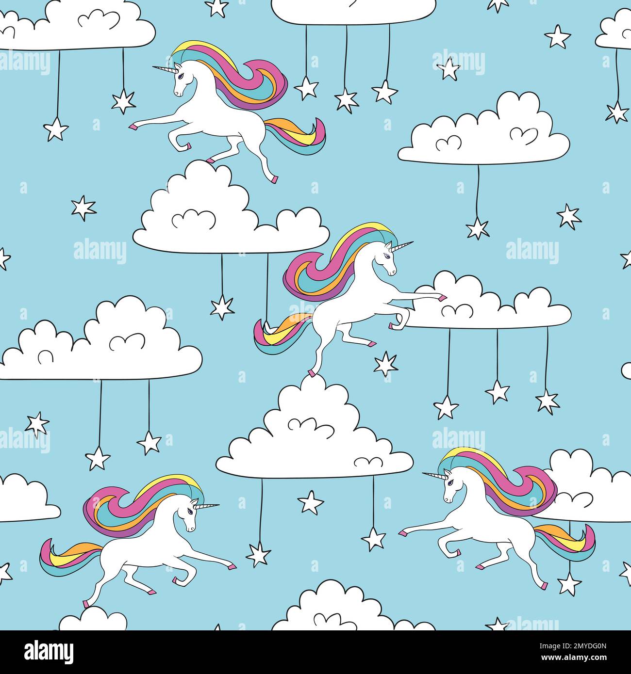 Seamless pattern with cute unicorns, clouds and stars. Magic vector background. Stock Vector