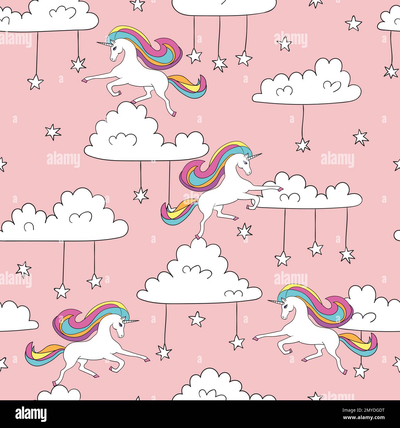 Seamless unicorn pattern. Magic vector background with cute unicorns, clouds and stars. Stock Vector