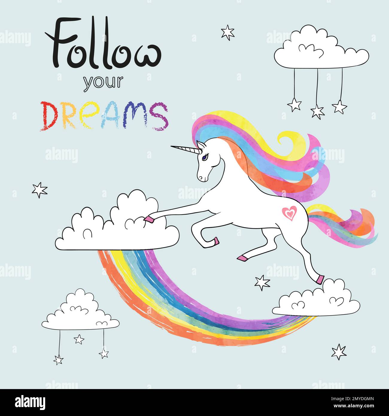 Cute cartoon unicorn with rainbow and clouds. Magic illustration Stock ...