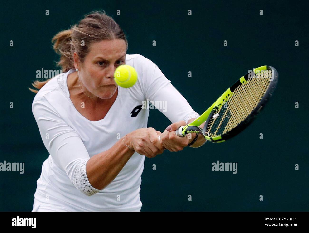 Karin Knapp of Italy returns to Ana Konjuh of Croatia during their women's  singles match on day three of the Wimbledon Tennis Championships in London,  Wednesday, June 29, 2016. (AP Photo/Ben Curtis