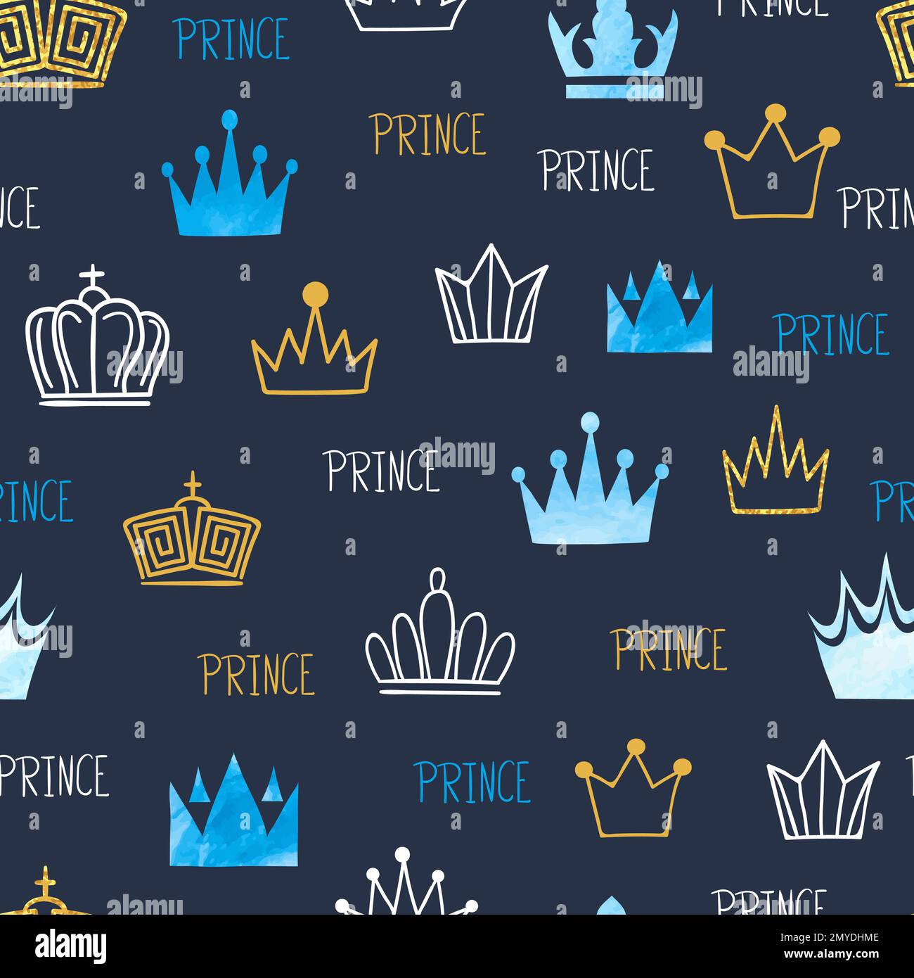 Little prince seamless pattern with watercolor and glittering crowns. Vector blue baby background. Stock Vector