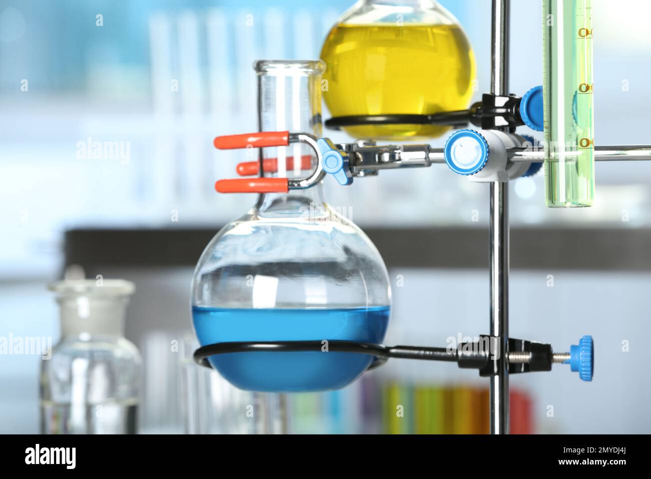Laboratory clamp stand with glassware, closeup view Stock Photo Alamy