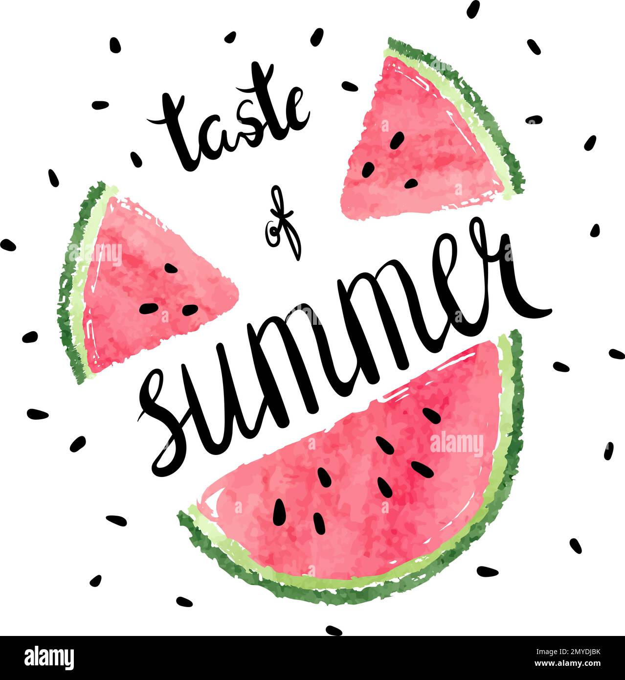 Bright poster with lettering Taste of summer and water melon slices. Vector summer illustration. Stock Vector