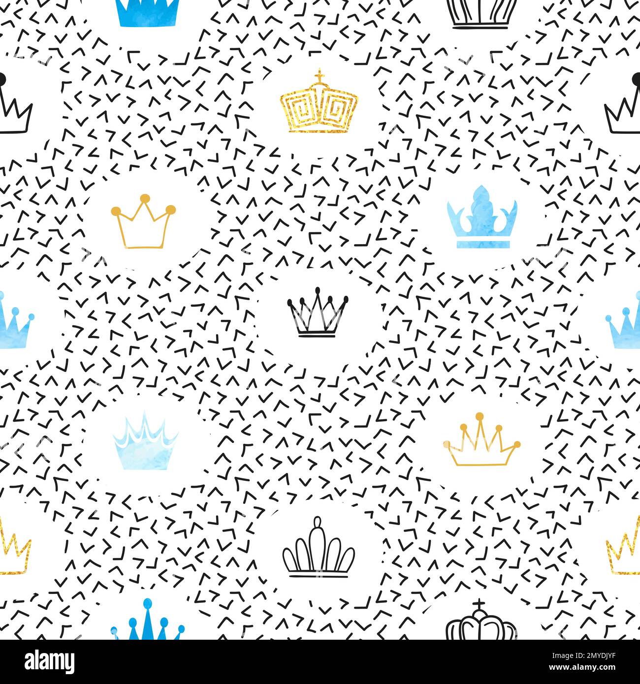 Seamless watercolor and glittering crowns pattern. Vector illustration. Stock Vector
