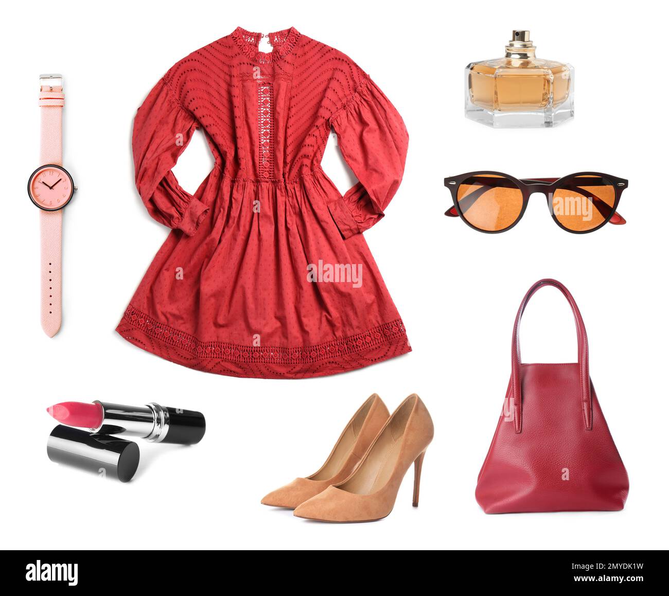 Stylish outfit. Collage with dress, shoes, accessories and cosmetics