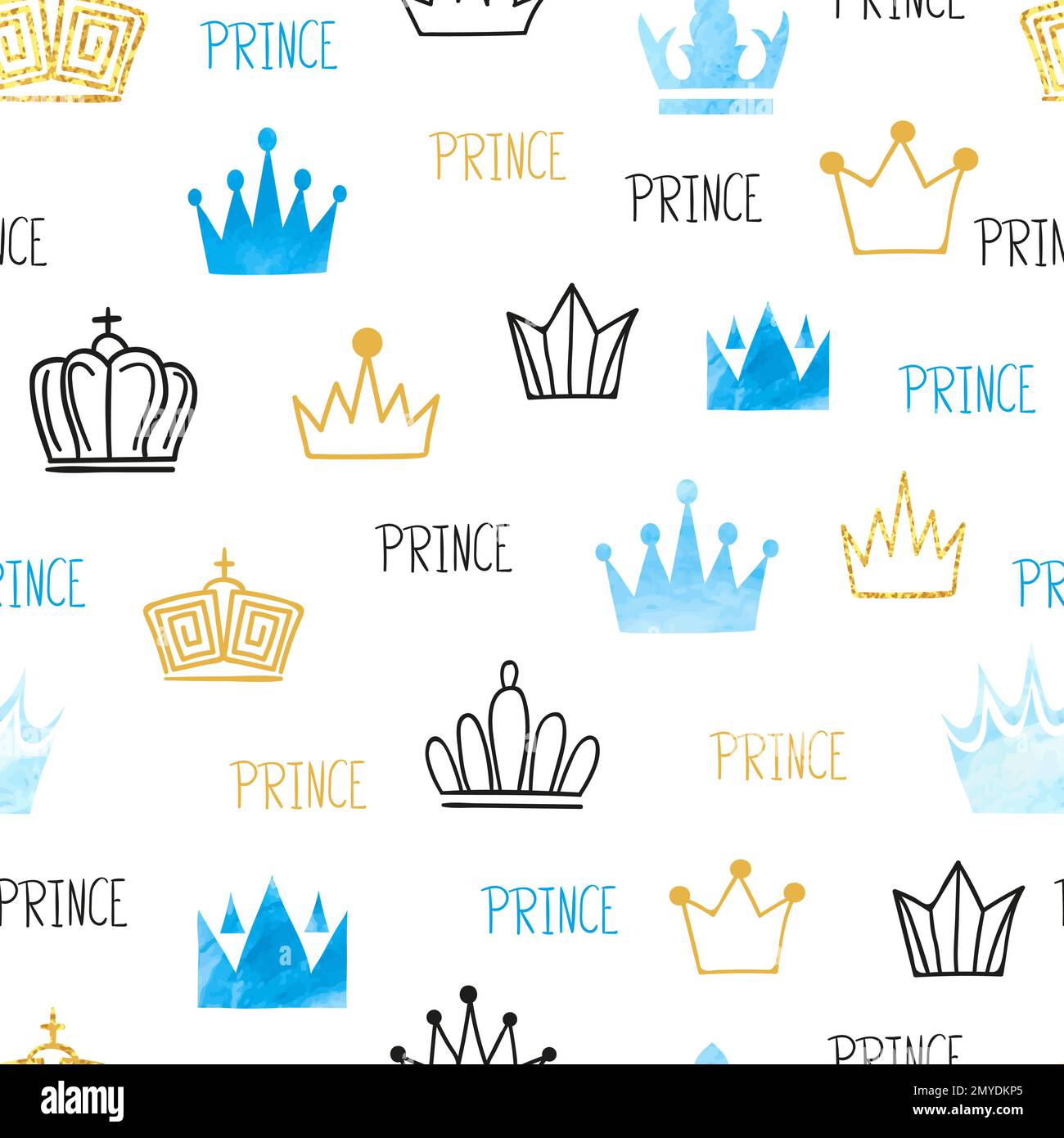 Little prince seamless pattern in blue and golden colors. Vector background with watercolor and glittering crowns Stock Vector