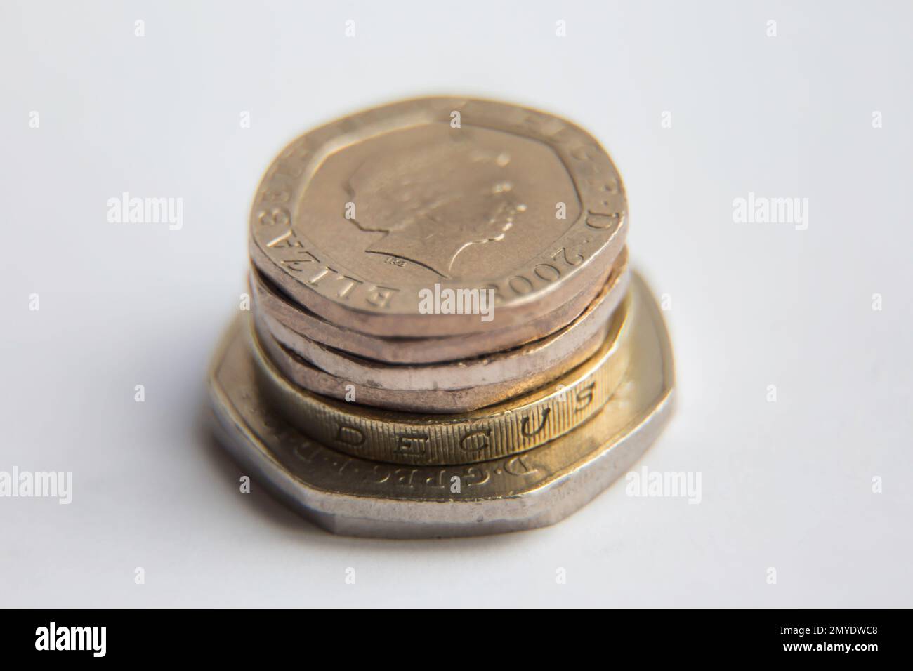 British One Pound Coin, 20p and 50p coins close up photo of cash Stock