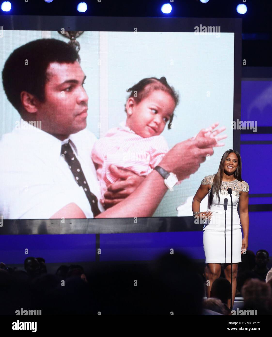 Laila Ali speaks during a tribute to her late father, Muhammad Ali, at(00)