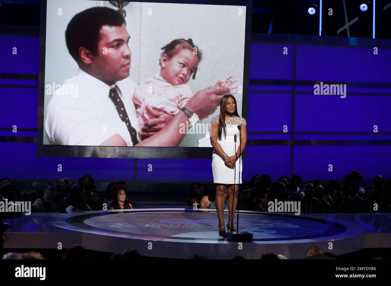 Laila Ali speaks during a tribute to her late father, Muhammad Ali. Ali