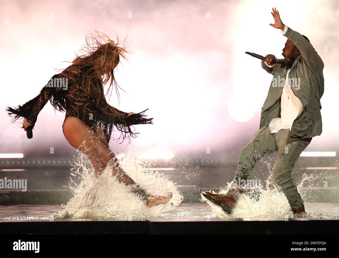 Beyonce, left, and Kendrick Lamar perform “Freedom” at the BET Awards ...