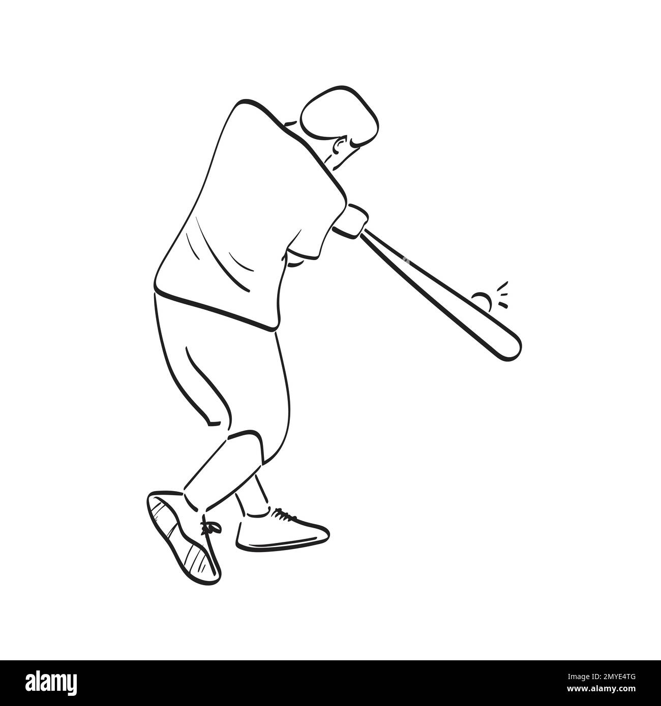 line art baseball batter hitting the ball illustration vector hand drawn isolated on white background Stock Vector