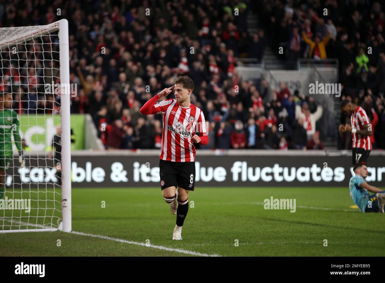 Mathias Jensen of Brentford celebrates his goal during the Premier League match between Brentford and Southampton at the Gtech Community Stadium, Brentford on Saturday 4th February 2023. (Photo: Tom West | MI News) Credit: MI News & Sport /Alamy Live News Stock Photo