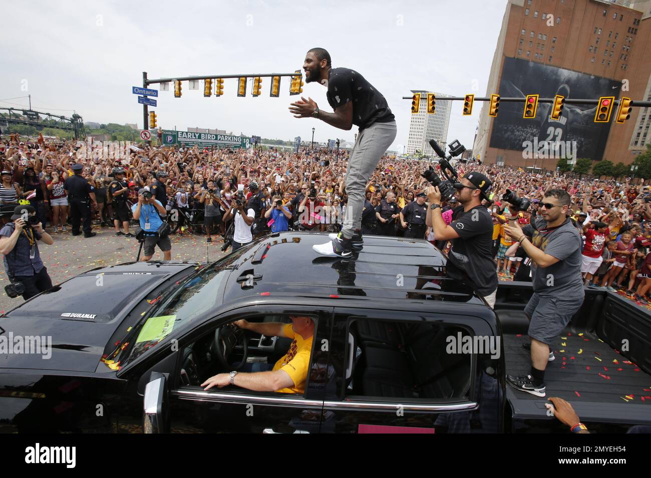 Cleveland Cavaliers Kyrie Irving greets fans before the start of