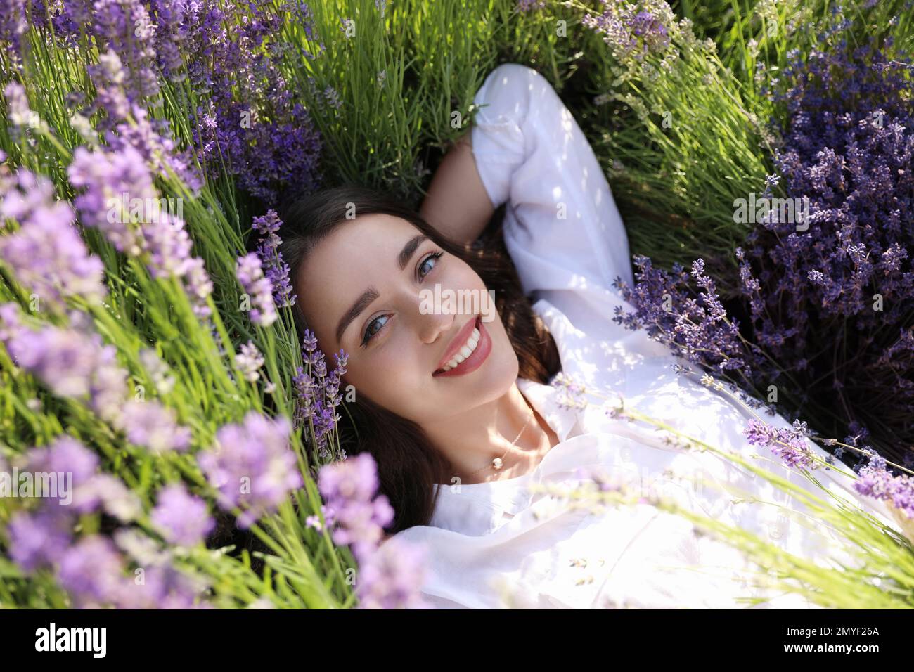 Young woman lying in lavender field on summer day Stock Photo Alamy
