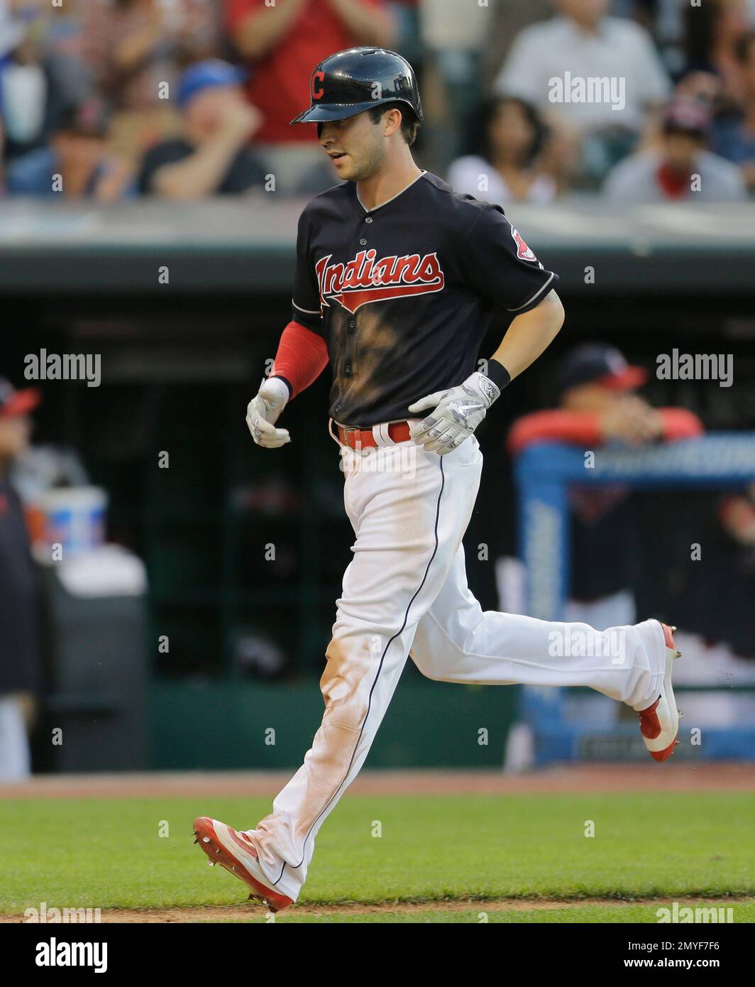 Cleveland Indians' Tyler Naquin runs the bases after hitting a