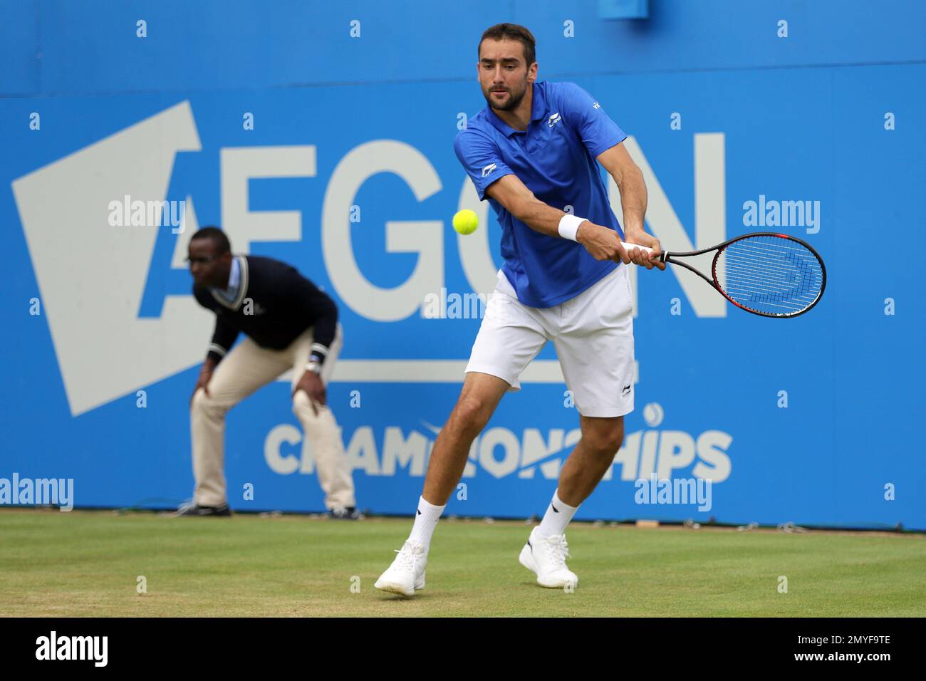 Croatia's Marin Cilic plays a return to Britain's Andy Murray during their  semifinal tennis match on the sixth day of the Queen's Championships London,  England, Saturday June 18, 2016. (AP Photo/Tim Ireland