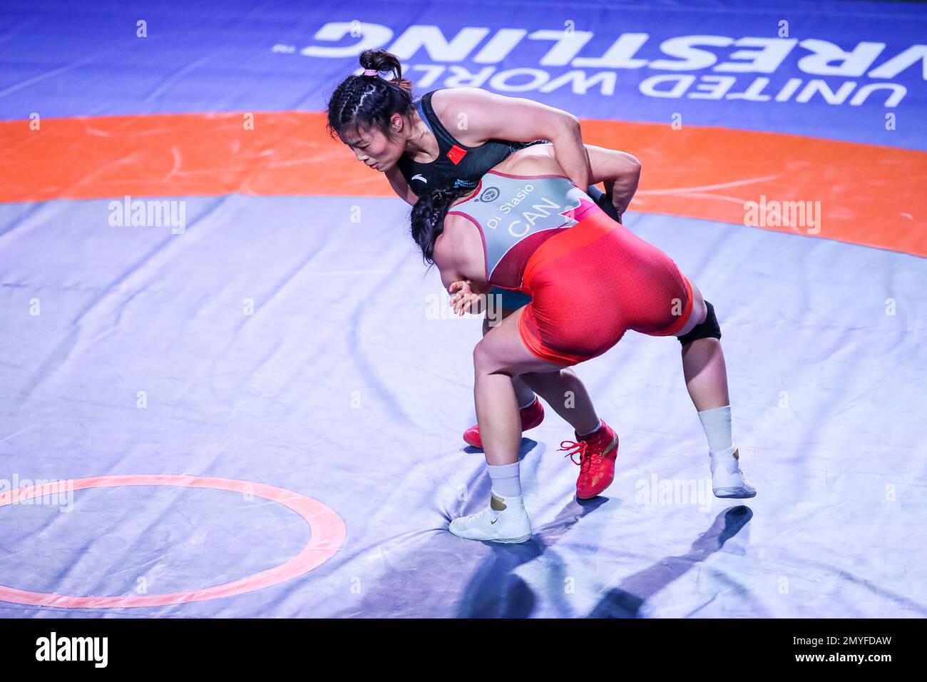 ZAGREB, CROATIA FEBRUARY 04 Justina Renay Di Stasio of Canada (red) competes against Juan Wang