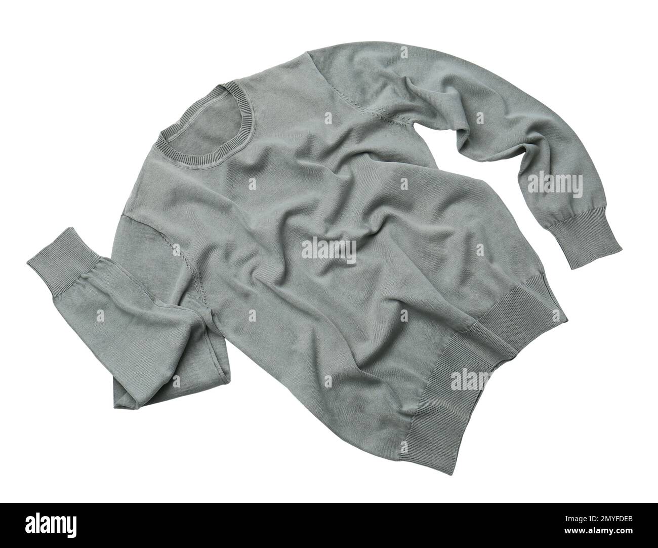 Warm grey sweater on white background, top view Stock Photo