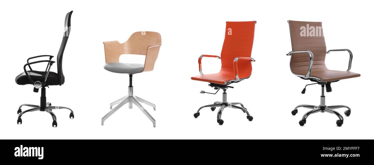 Set of different office chairs on white background. Banner design Stock