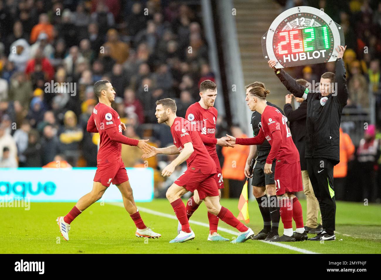 Changes in Liverpool Konstantinos Tsimikas of Liverpool for Andrew Robertson and Jordan Henderson for Thiago Alc‰ntara during the Premier League match between Wolverhampton Wanderers and Liverpool at Molineux, Wolverhampton on Saturday 4th February 2023. (Photo: Gustavo Pantano | MI News) Credit: MI News & Sport /Alamy Live News Stock Photo