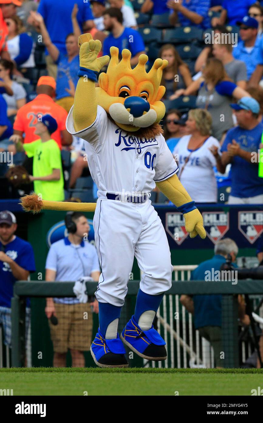 Kansas City Royals mascot Sluggerrr fires up the crowd before Game 2 of the  ALCS against the Toronto Blue Jays on at Kauffman Stadium in Kansas City,  Mo., on Saturday, Oct. 17