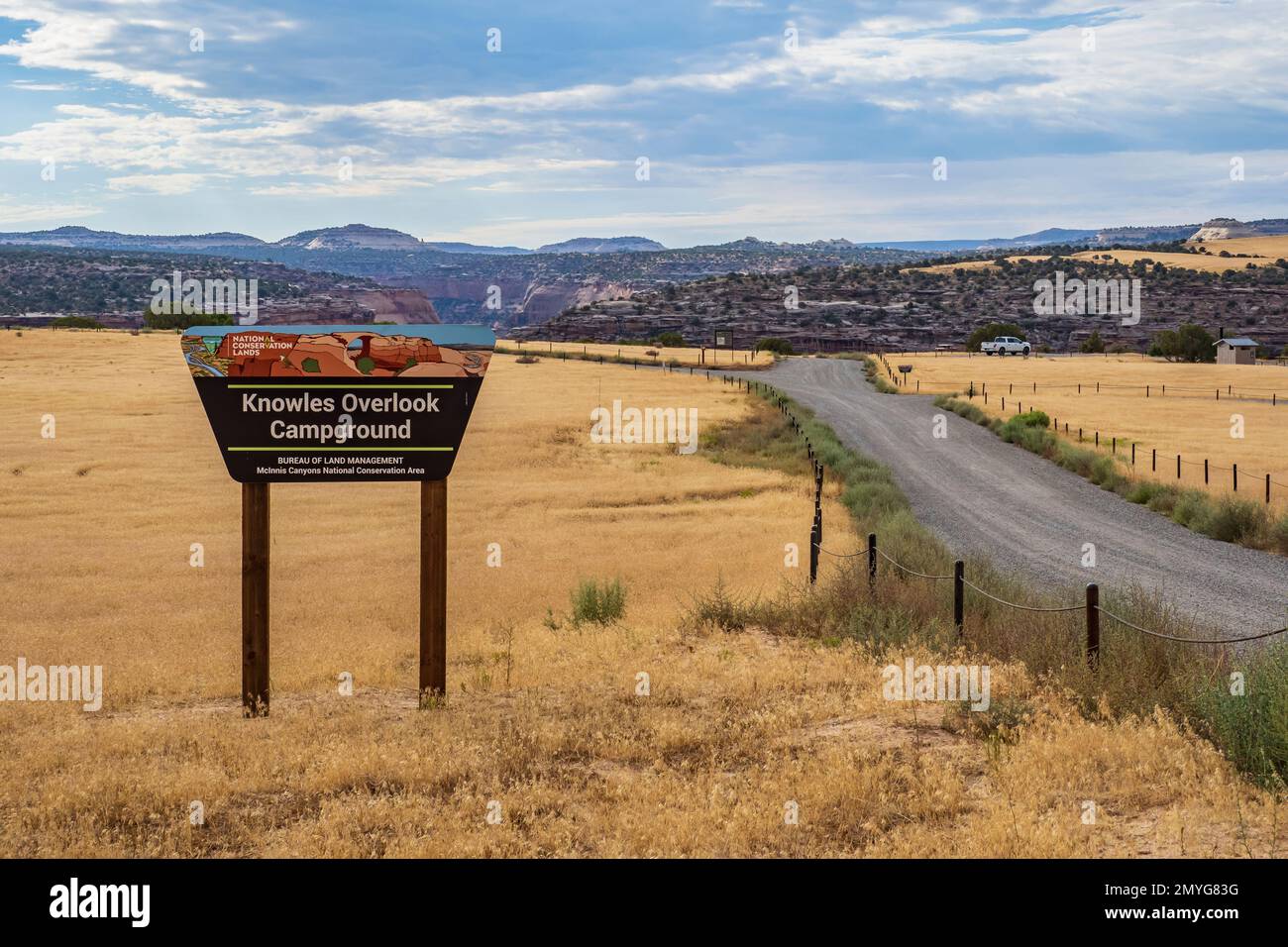 Entry sign, Knowles Canyon Overlook Campground, Rabbit Valley, McInnis Canyons National Conservation Area, Colorado. Stock Photo